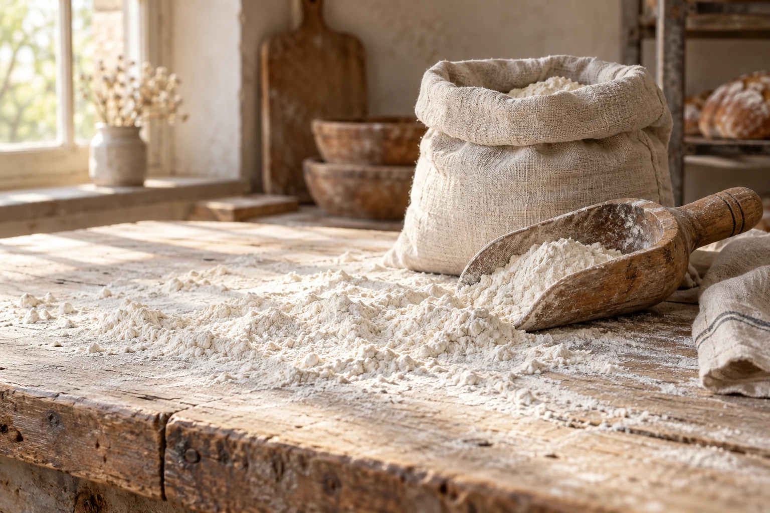 Mehl und eine Holzschaufel auf einem Backtisch – fiktive Bildwelt
